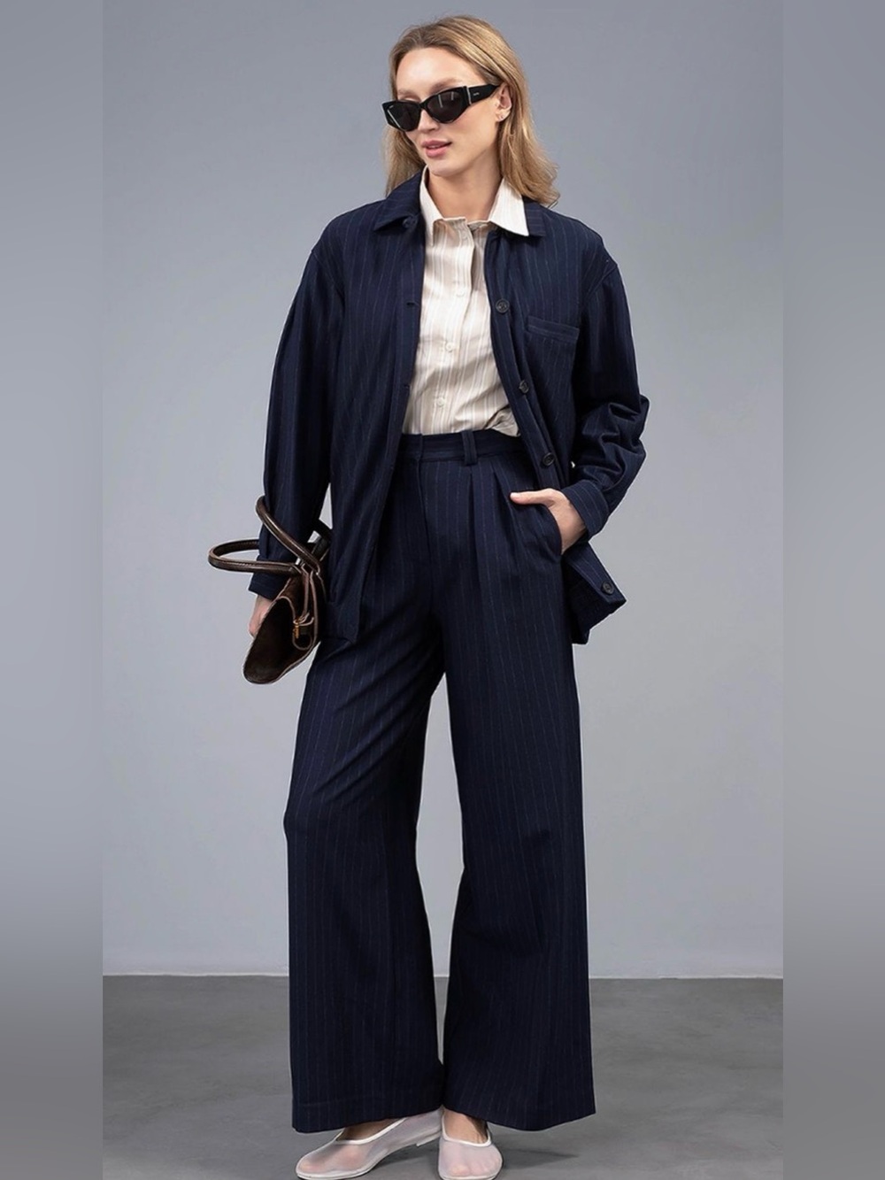 Max Mara MM Gela Navy Pinstripe Wide Leg Trousers Size XS NWOT
